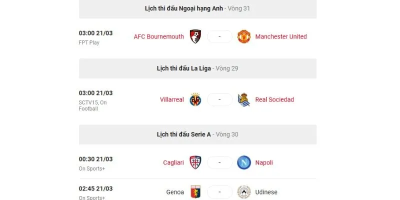 KQBD 247 cập nhật lịch thi đấu sớm, chuẩn